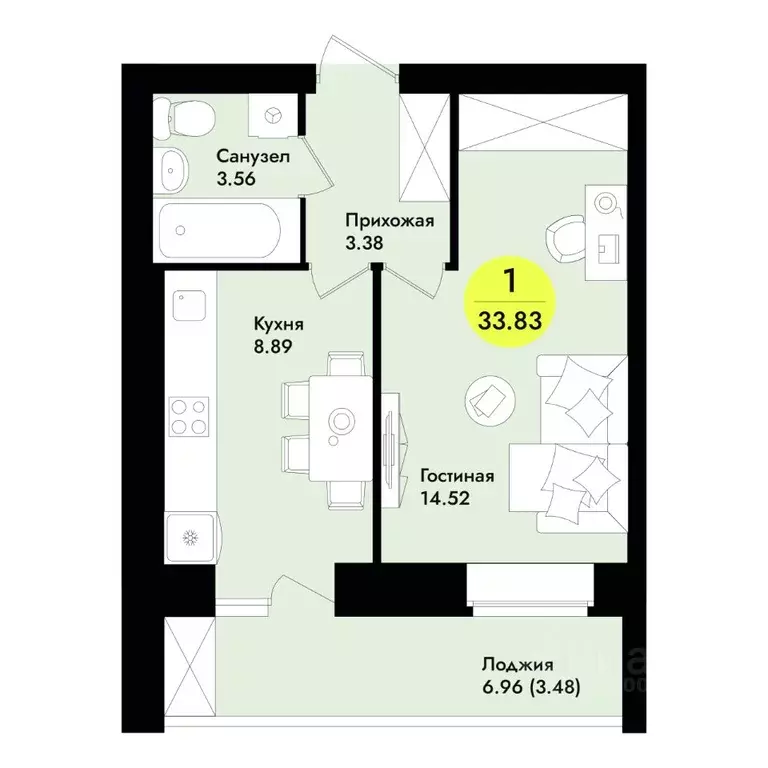 1-к кв. Марий Эл, Йошкар-Ола  (33.83 м) - Фото 1