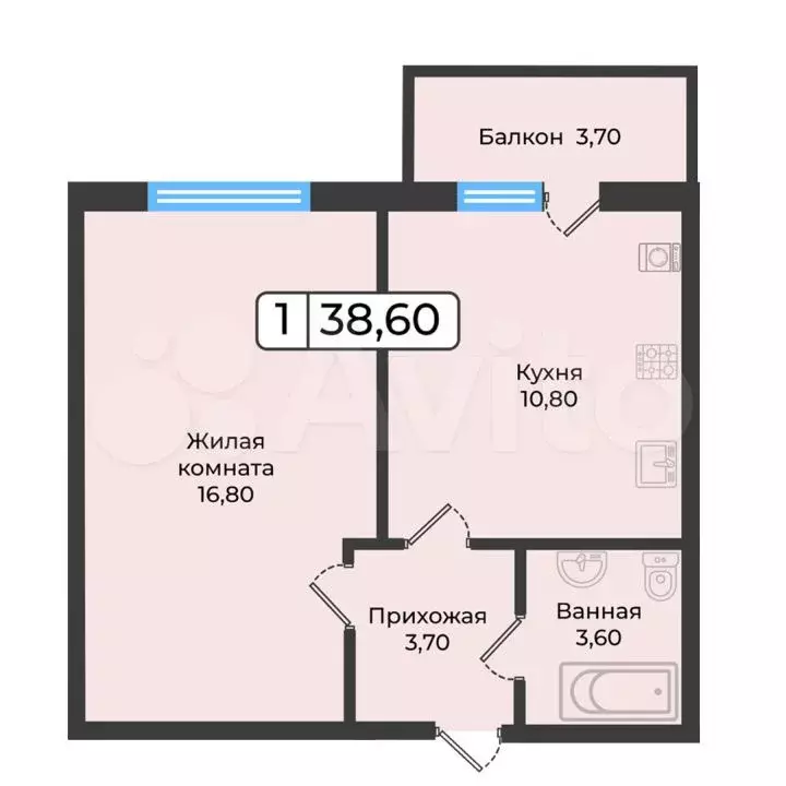 1-к. квартира, 38,6 м, 2/5 эт. - Фото 1