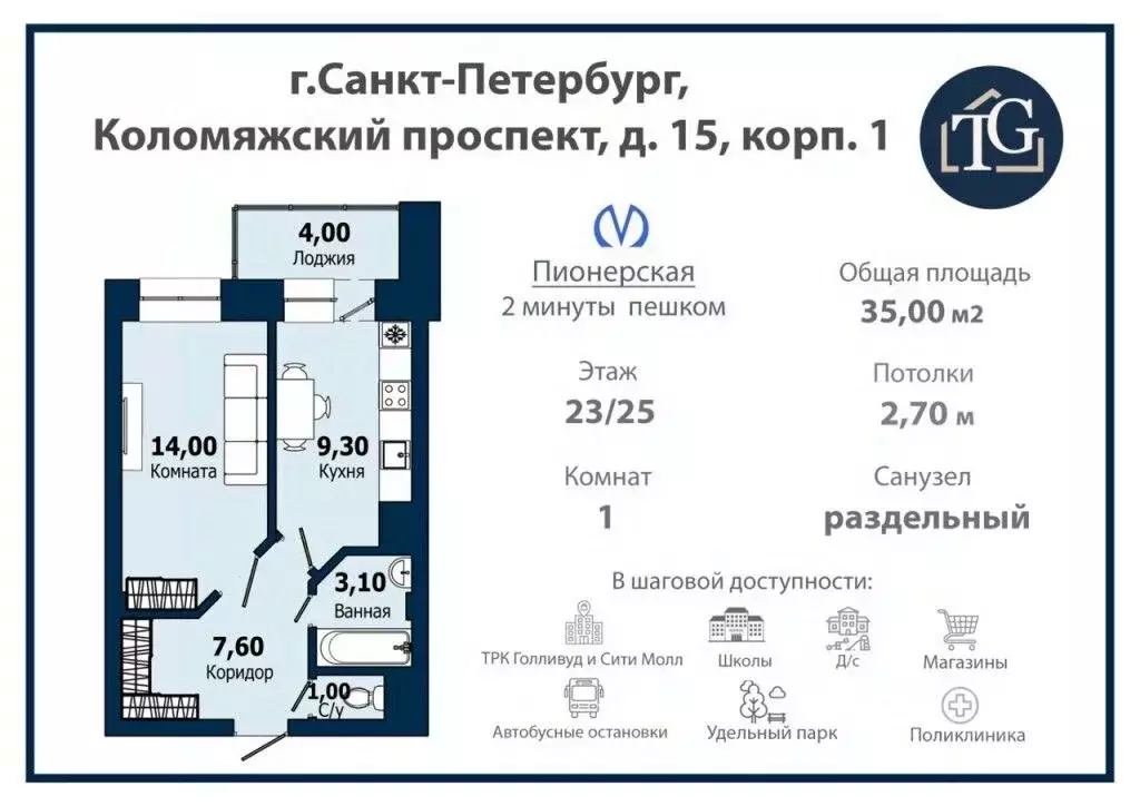1-к кв. Санкт-Петербург Коломяжский просп., 15к1 (35.0 м) - Фото 2
