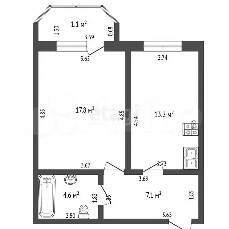 1-к. квартира, 42,7 м, 3/9 эт. - Фото 0