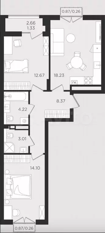 2-к. квартира, 62,7 м, 9/9 эт. - Фото 1