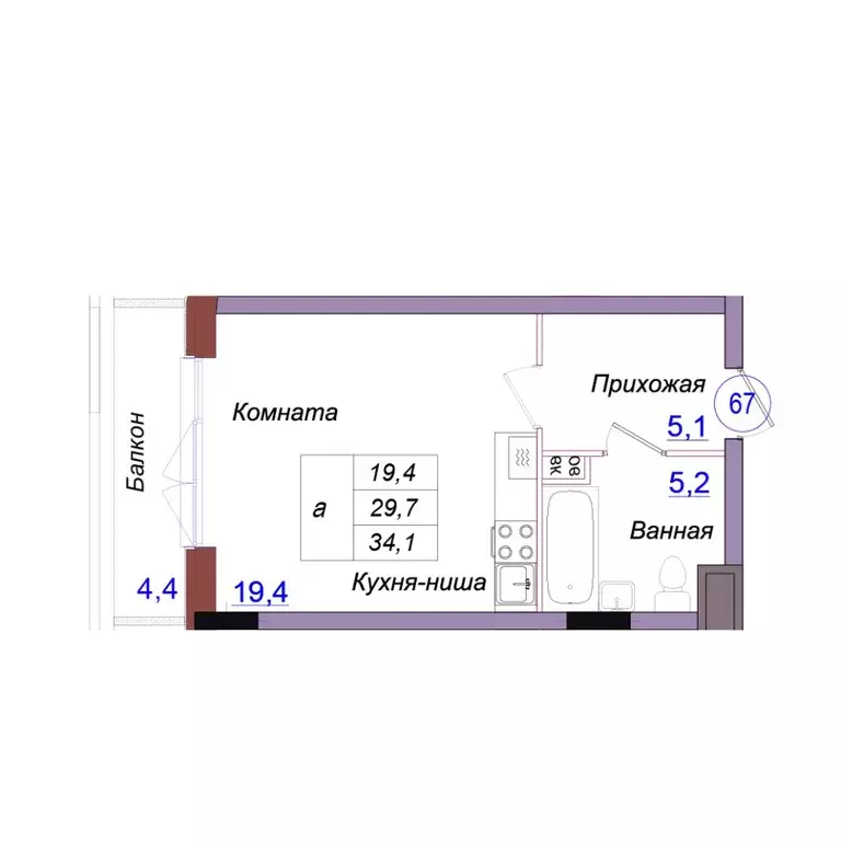 Студия Калининградская область, Светлогорск Балтийская ул. (34.1 м) - Фото 1