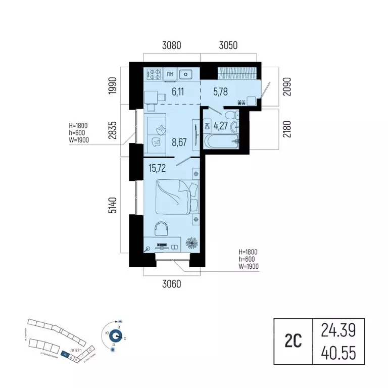 2-к кв. Башкортостан, Уфа Глумилино-1 мкр, Новатор жилой комплекс ... - Фото 1