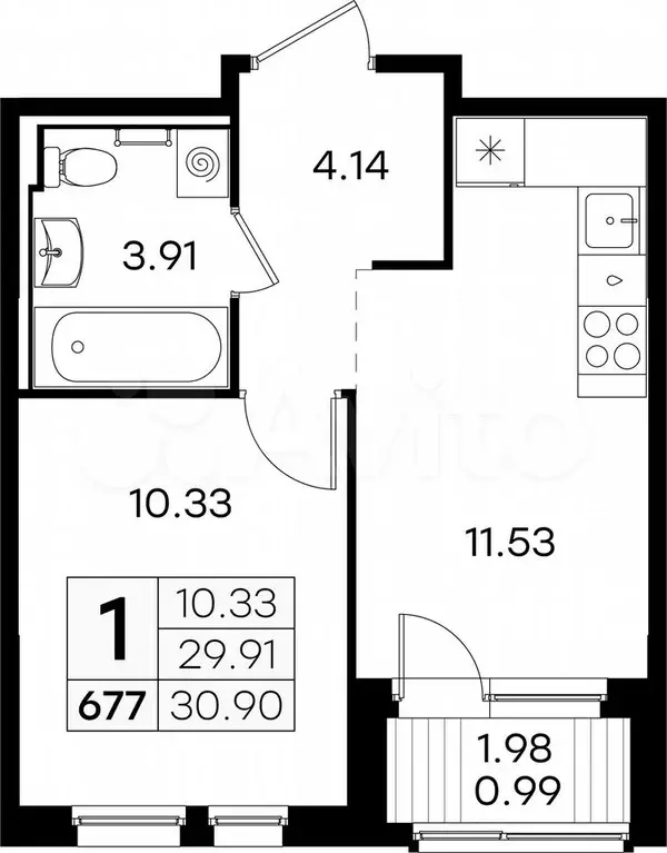 1-к. квартира, 30,9 м, 6/9 эт. - Фото 0