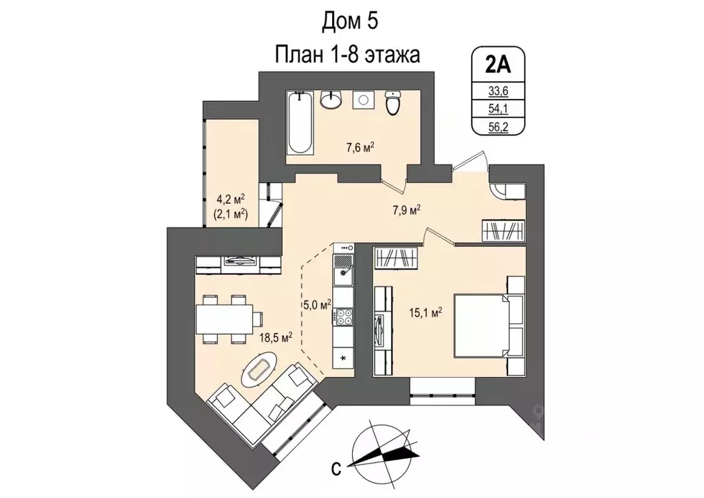 2-к кв. Кемеровская область, Кемерово 55-й мкр, 5 (56.2 м) - Фото 0