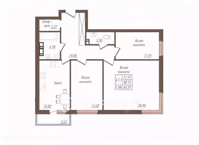 3-к кв. Орловская область, Орел ул. Генерала Родина, 66Ак1 (92.6 м) - Фото 2
