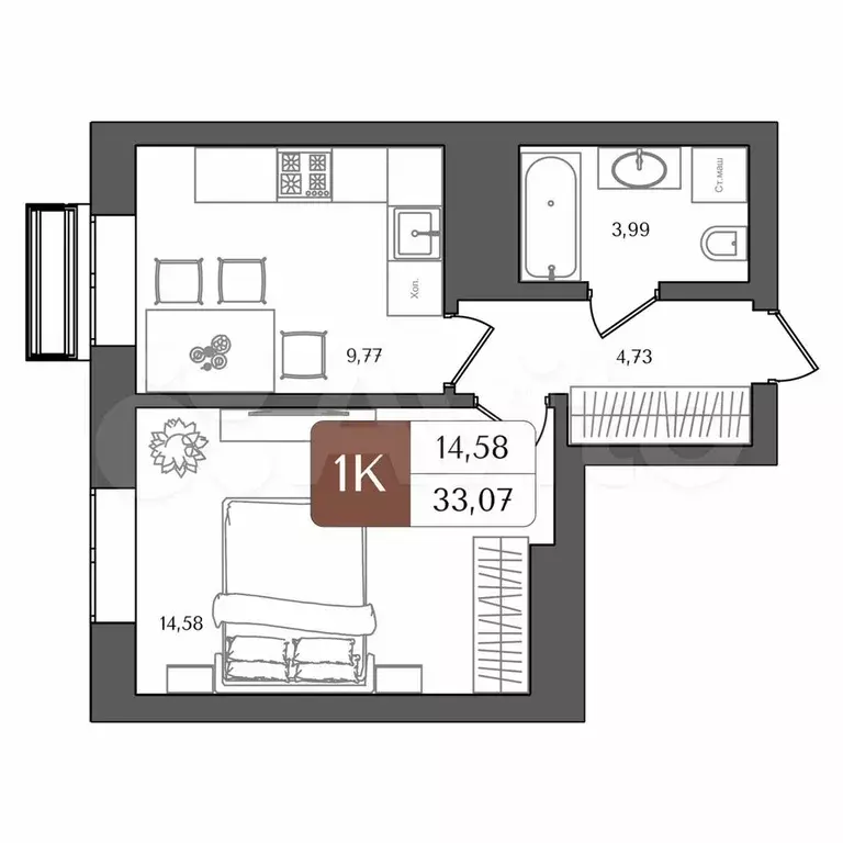 1-к. квартира, 33,1 м, 13/21 эт. - Фото 1