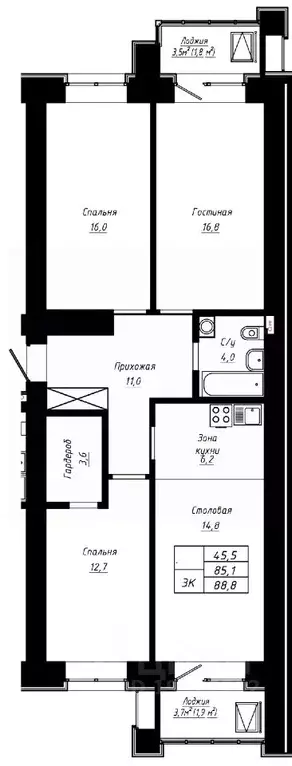3-к кв. Алтайский край, Барнаул ул. Сухэ-Батора, 39 (88.8 м) - Фото 1