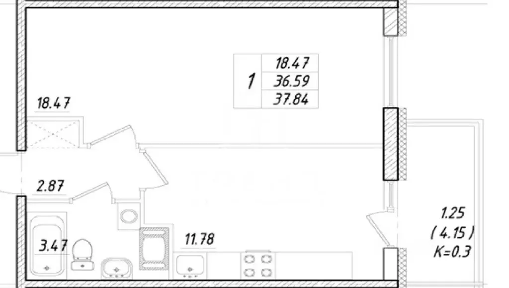 1-к кв. Санкт-Петербург просп. Авиаконструкторов, 63 (37.84 м) - Фото 2