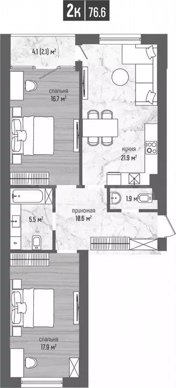 2-к. квартира, 76,6 м, 5/5 эт. - Фото 1