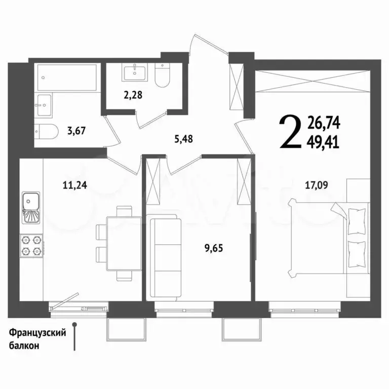 2-к. квартира, 49,4 м, 17/25 эт. - Фото 1