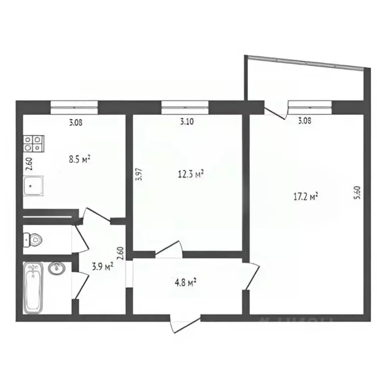 2-к кв. Тюменская область, Тюмень Одесская ул., 38 (50.5 м) - Фото 2