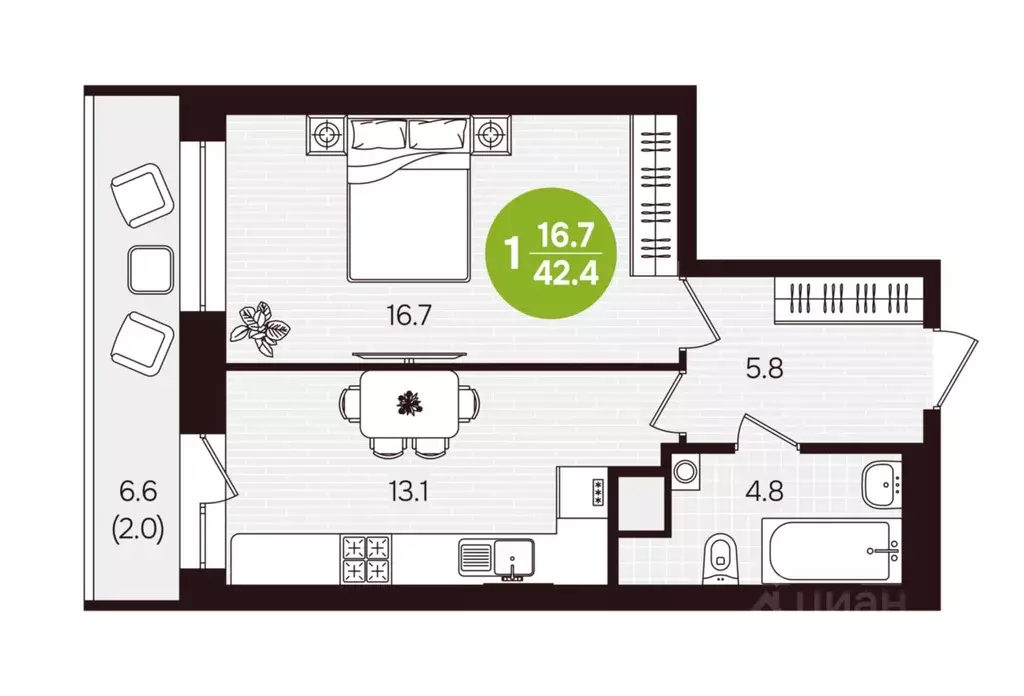 1-к кв. Чувашия, Новочебоксарск ул. 10-й Пятилетки, поз5 (42.4 м) - Фото 2