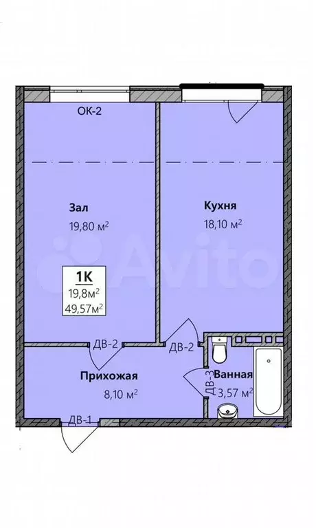 1-к. квартира, 49,6м, 5/8эт. - Фото 0