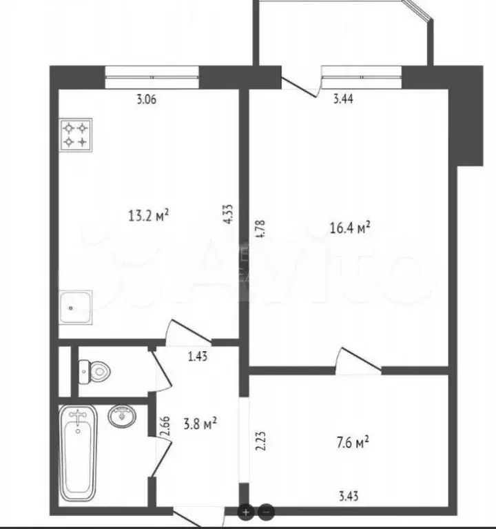 1-к. квартира, 43 м, 1/9 эт. - Фото 0