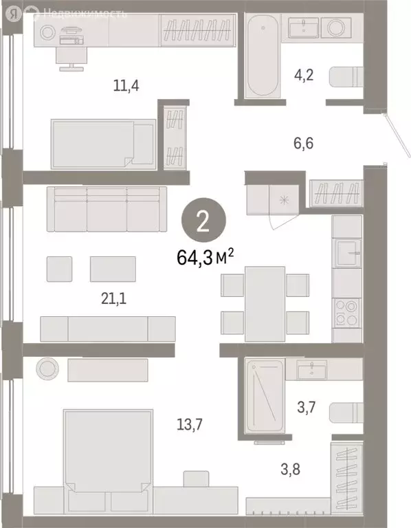 2-комнатная квартира: Новосибирск, Большевистская улица, с49 (64.33 м) - Фото 1