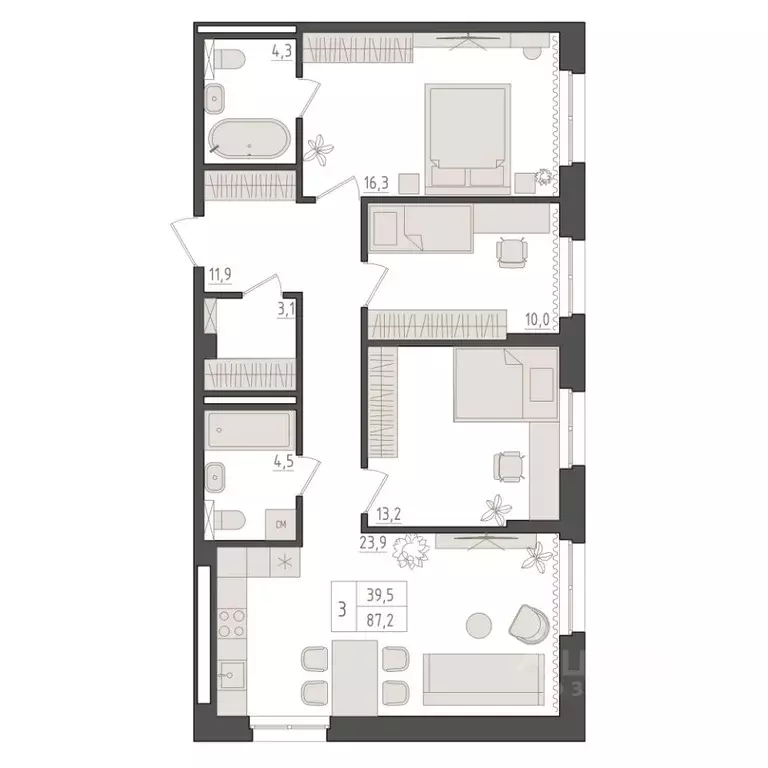 3-к кв. Башкортостан, Уфа 563-й кв-л,  (87.2 м) - Фото 0