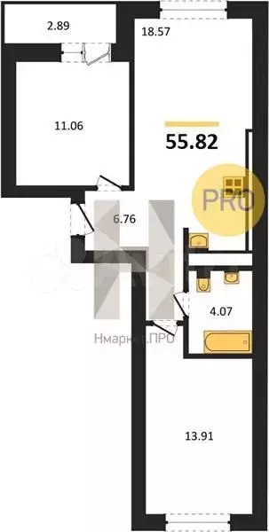 2-к. квартира, 55,8 м, 8/9 эт. - Фото 1