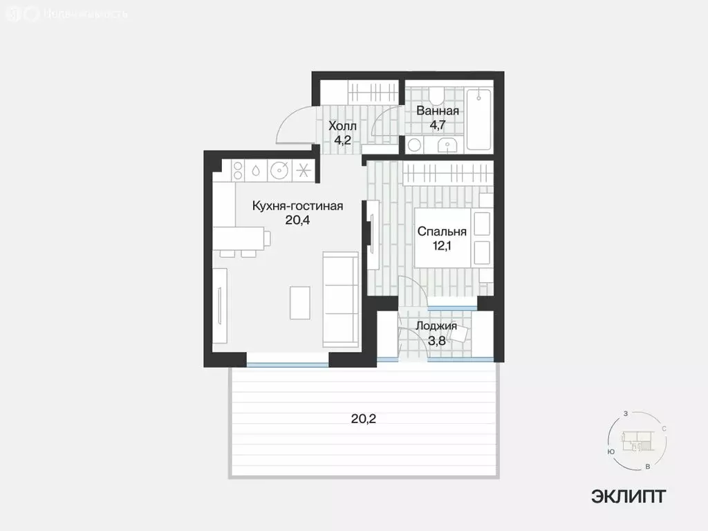 1-комнатная квартира: Тюмень, улица Игоря Комиссарова, 8 (43.19 м) - Фото 1