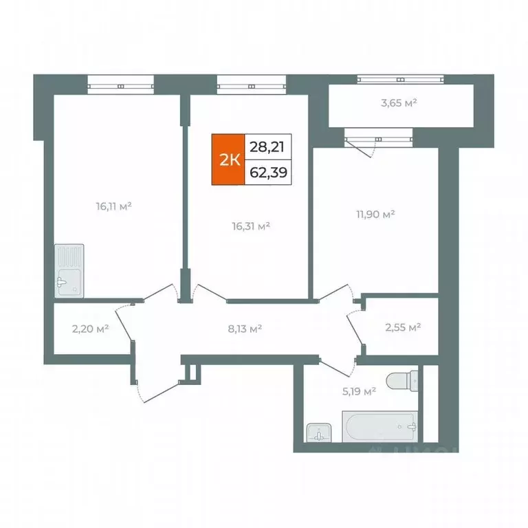 2-к кв. Иркутская область, Иркутск ул. Березовая Роща, 13Б (66.0 м) - Фото 2