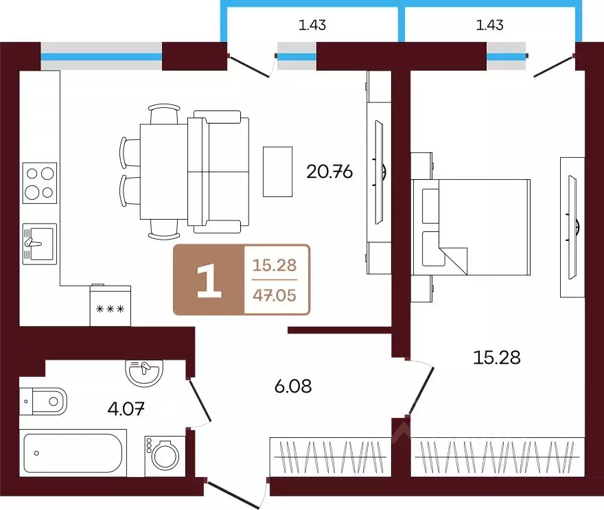 1-к кв. Башкортостан, Иглинский район, с. Акбердино  (47.05 м) - Фото 1