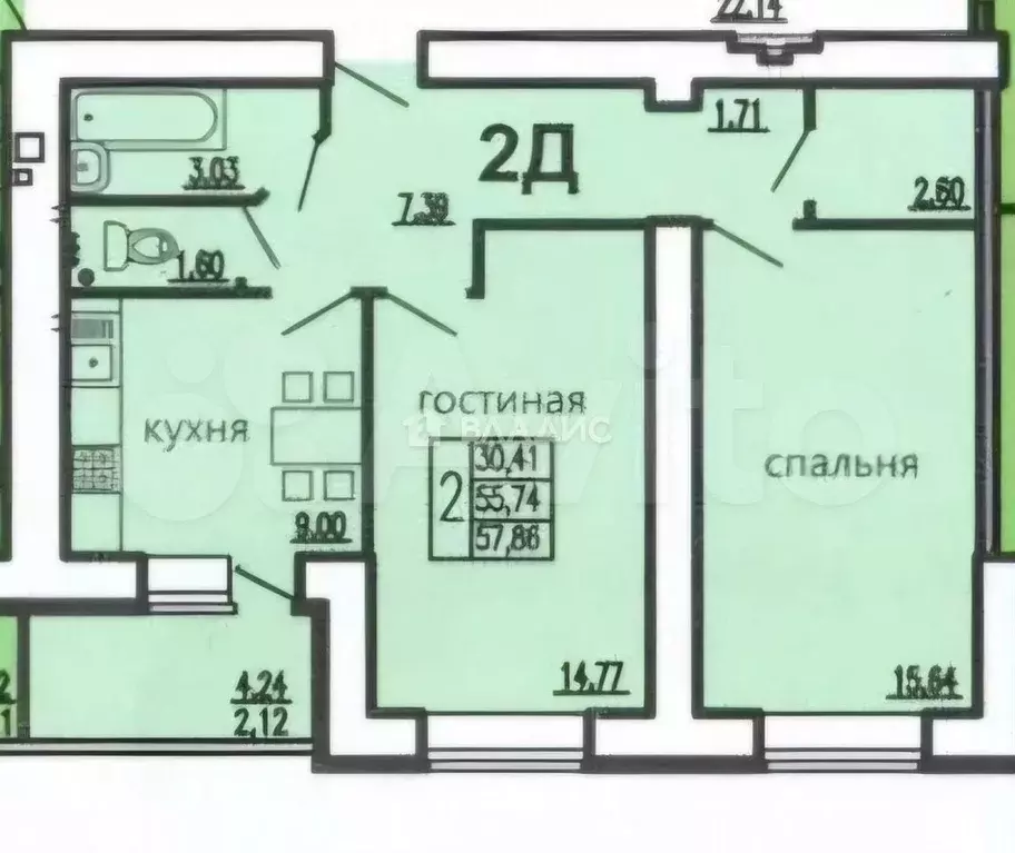 2-к. квартира, 58 м, 3/15 эт. - Фото 0