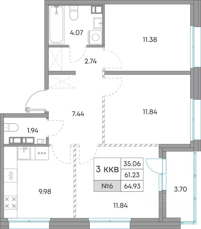 3-к кв. Карелия, Петрозаводск Александровский Завод тер.,  (64.93 м) - Фото 1