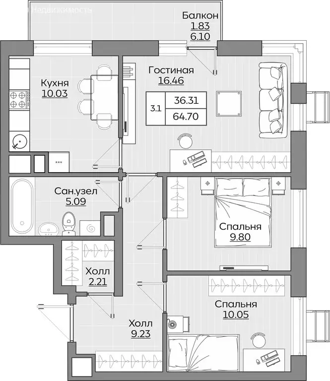3-комнатная квартира: Казань, ЖК Батталовский (64.7 м) - Фото 1