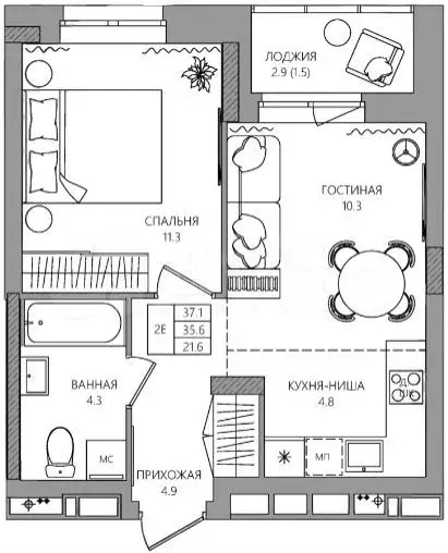2-к. квартира, 37,1 м, 8/16 эт. - Фото 0