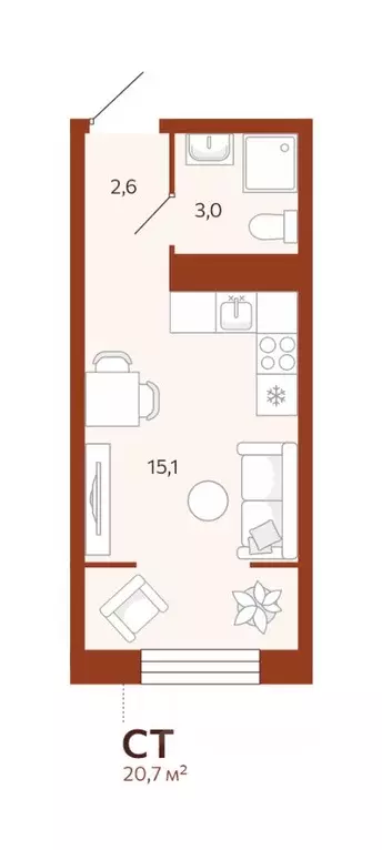 Студия Тюменская область, Тюмень ул. Новаторов, 30 (20.7 м) - Фото 1
