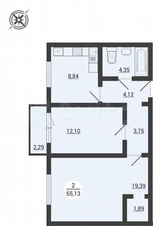 2-к. квартира, 55,1 м, 1/3 эт. - Фото 0