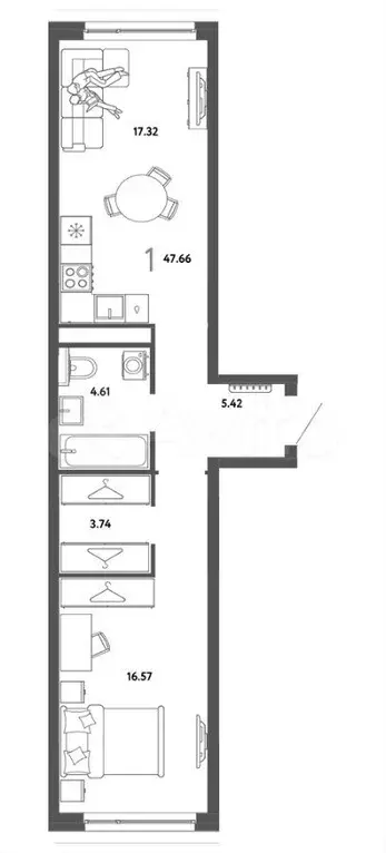 1-к. квартира, 47,7 м, 3/9 эт. - Фото 0