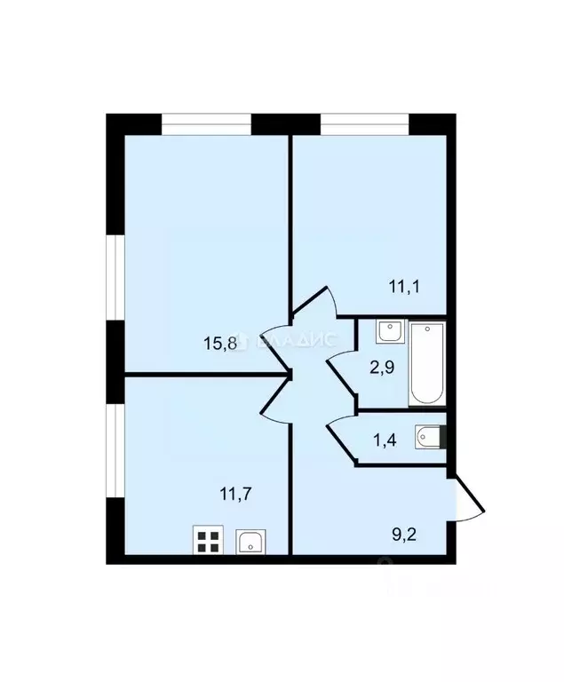 2-к кв. Москва № 100 кв-л, 1к3 (52.2 м) - Фото 1