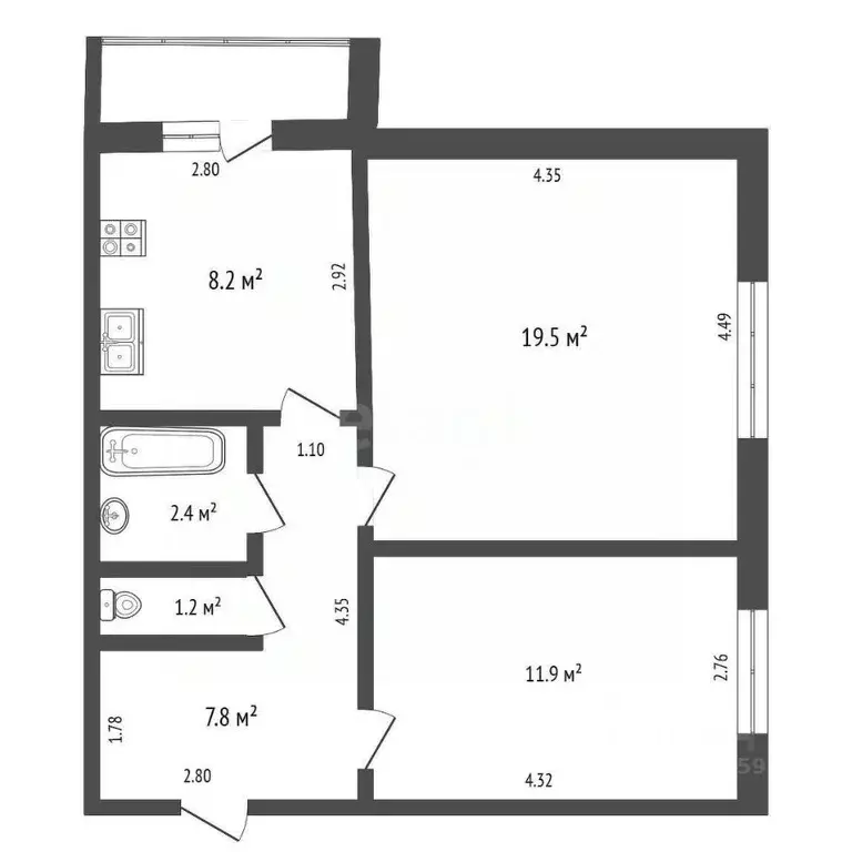2-к кв. Саха (Якутия), Якутск ул. Билибина, 42/6 (51.0 м) - Фото 1