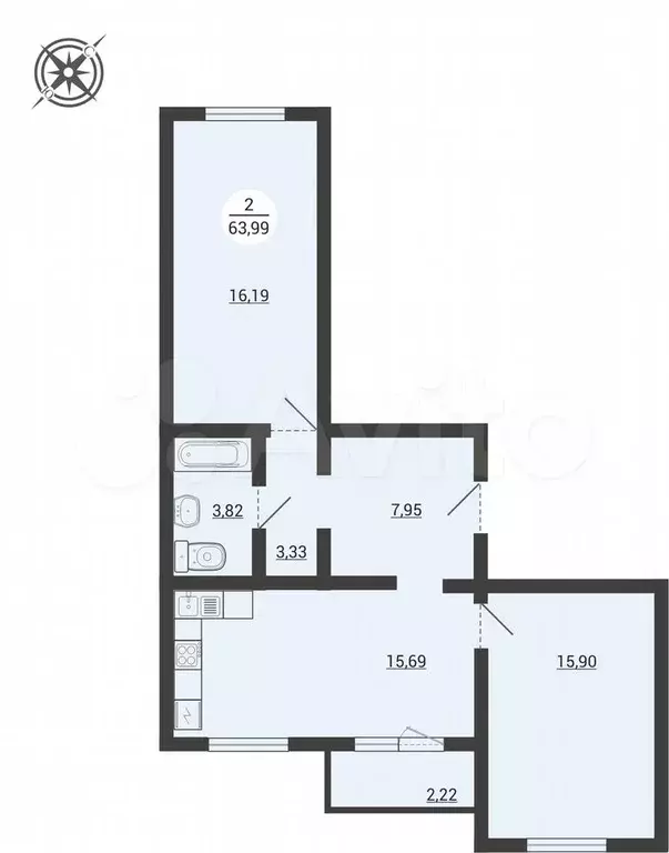 2-к. квартира, 64 м, 3/3 эт. - Фото 0
