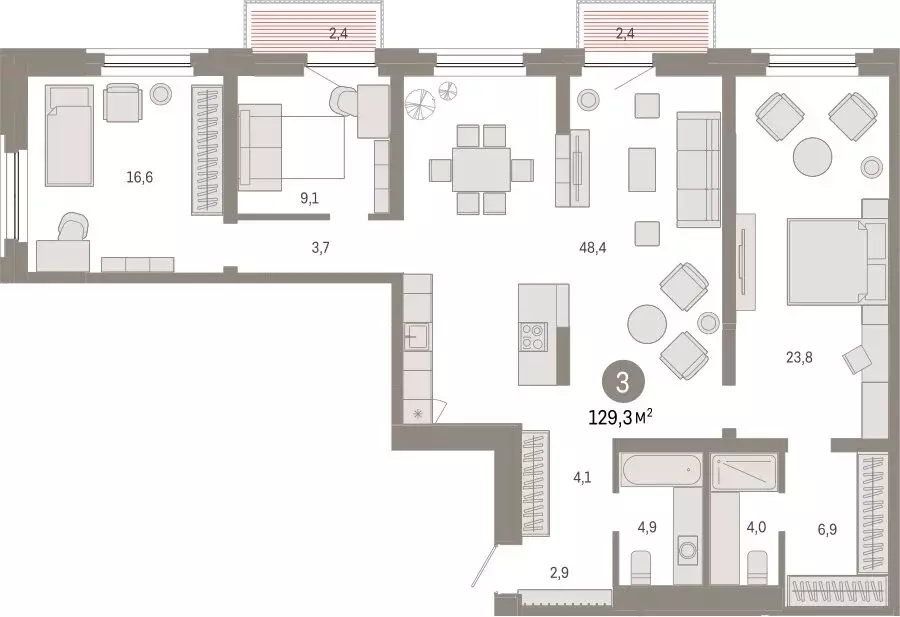 3-комнатная квартира: Тюмень, Мысовская улица, 26к2 (129.25 м) - Фото 1