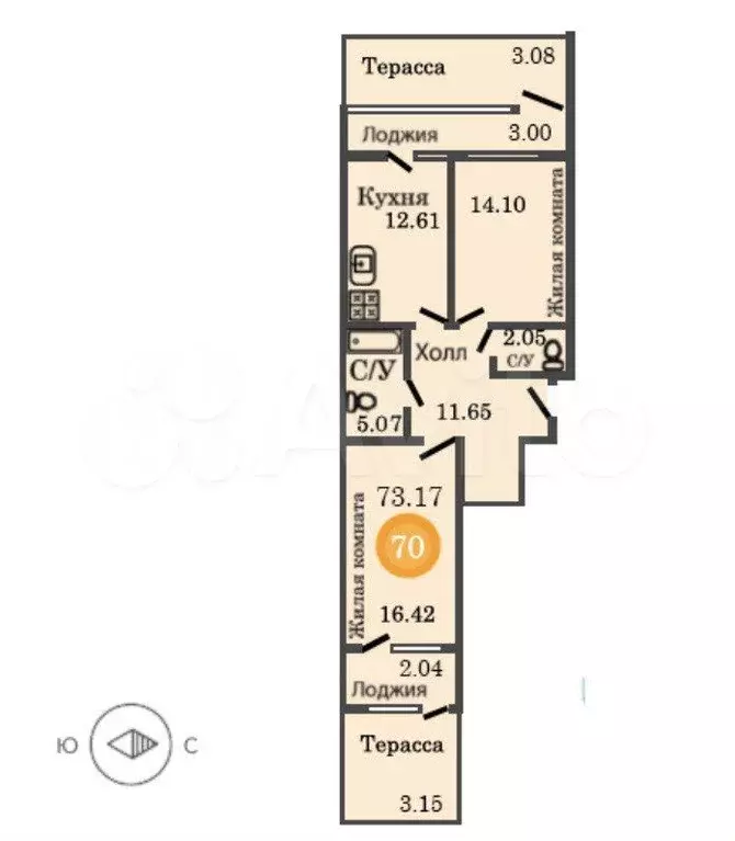 2-к. квартира, 73,2 м, 2/7 эт. - Фото 1