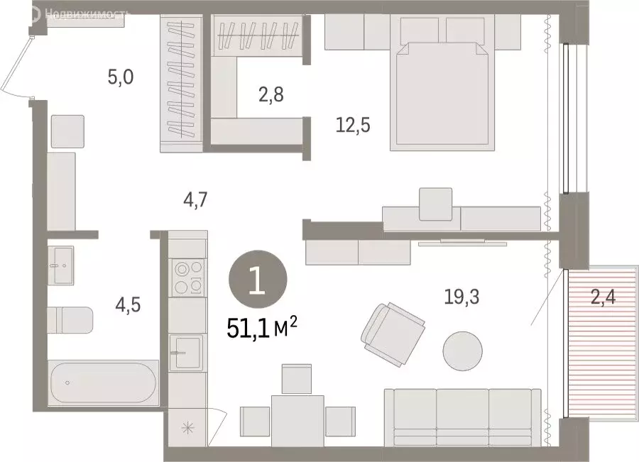 1-комнатная квартира: Тюмень, Краснооктябрьская улица, 4к3 (51.05 м) - Фото 1