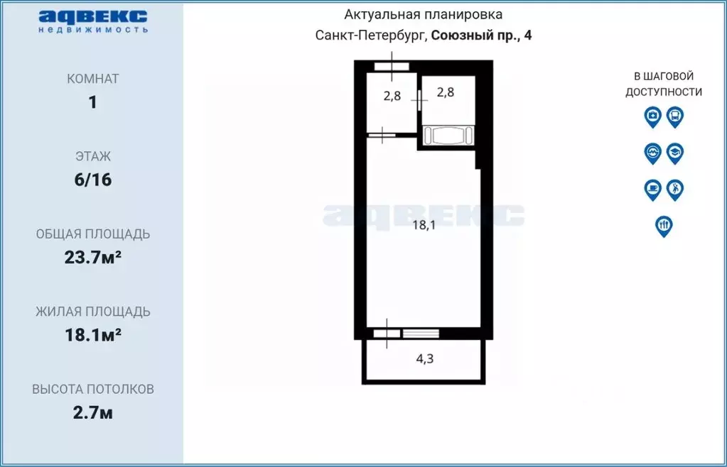 Студия Санкт-Петербург Союзный просп., 4 (23.7 м) - Фото 2