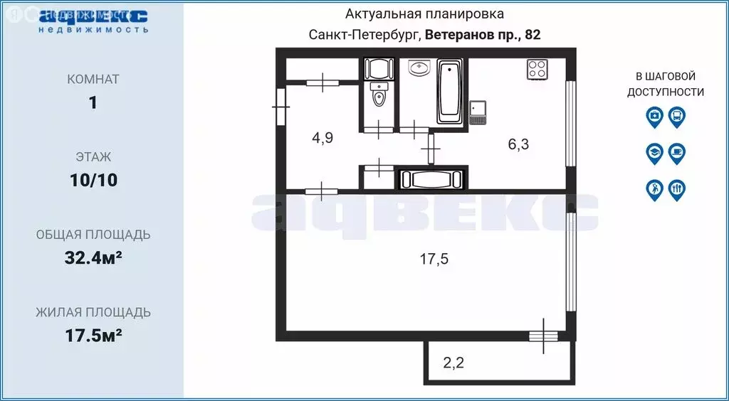 1-комнатная квартира: Санкт-Петербург, проспект Ветеранов, 82 (32.4 м) - Фото 1