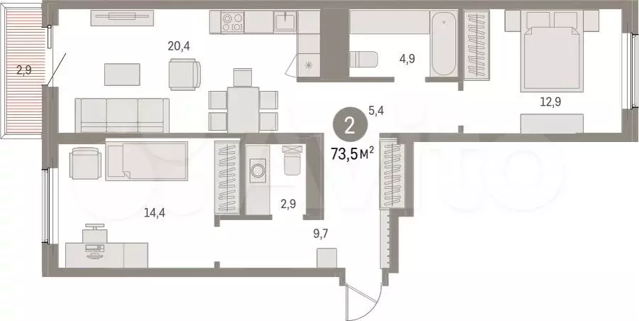 2-к. квартира, 73,5 м, 4/15 эт. - Фото 0