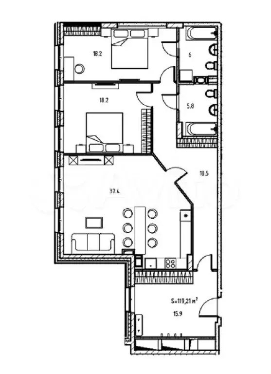 2-к. квартира, 119 м, 4/7 эт. - Фото 0