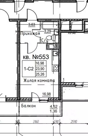Студия Санкт-Петербург ул. Русановская, 20к3 (23.9 м) - Фото 2
