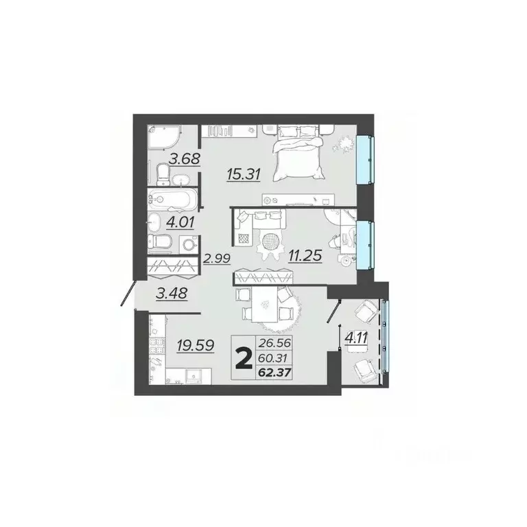 2-к кв. Брянская область, Брянск Архитектор жилой комплекс (62.37 м) - Фото 1