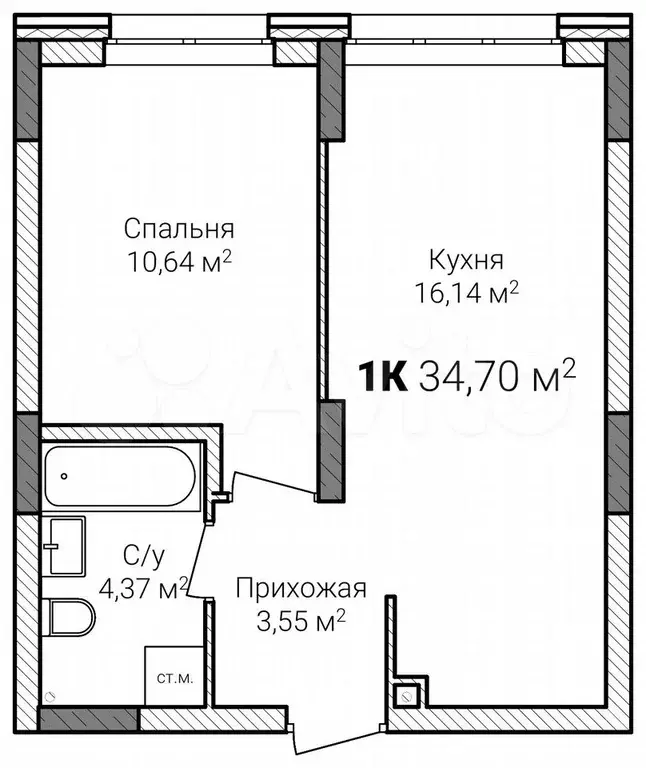 1-к. квартира, 34,7 м, 1/15 эт. - Фото 0