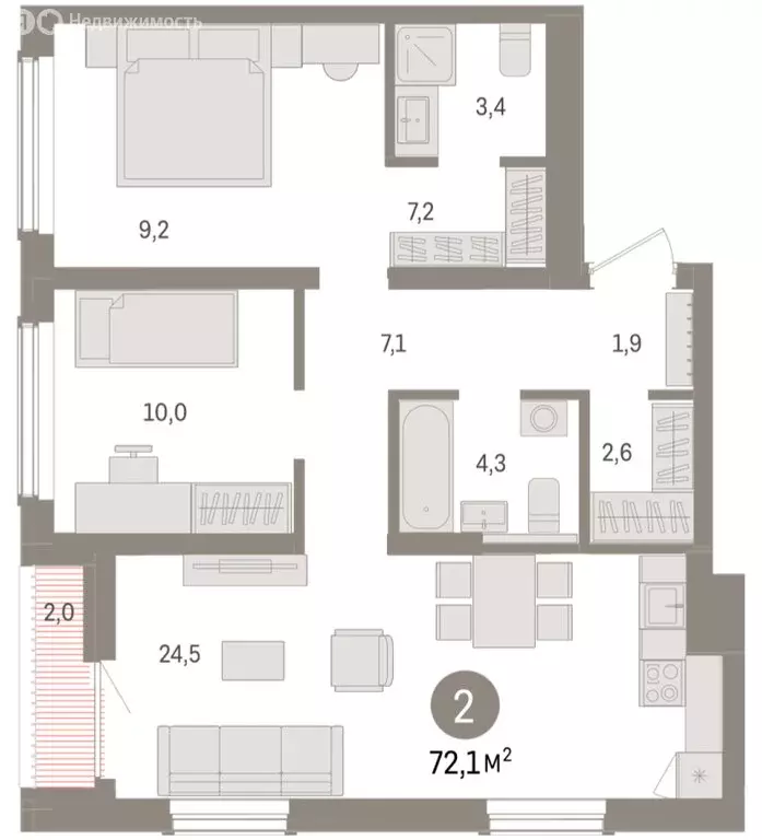 2-комнатная квартира: Новосибирск, улица Аэропорт, 90 (72.08 м) - Фото 2