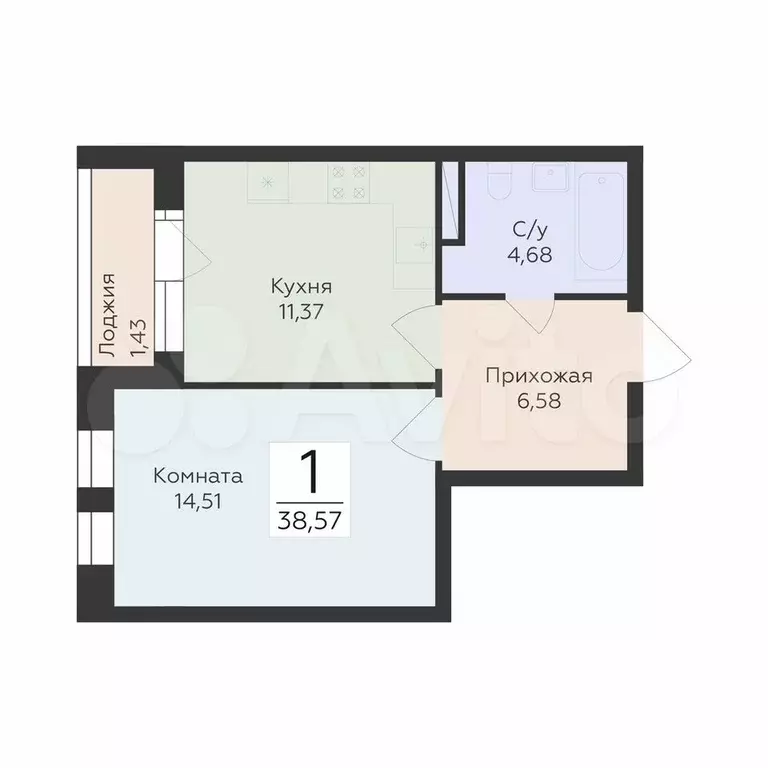 1-к. квартира, 38,6 м, 4/24 эт. - Фото 0