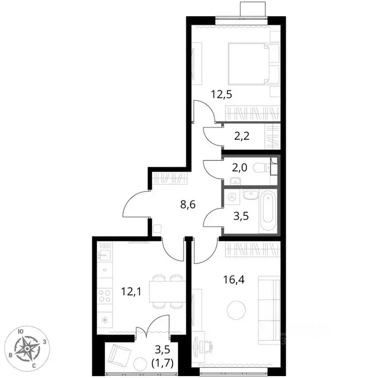 Квартира, 2 комнаты, 58.9 м - Фото 1