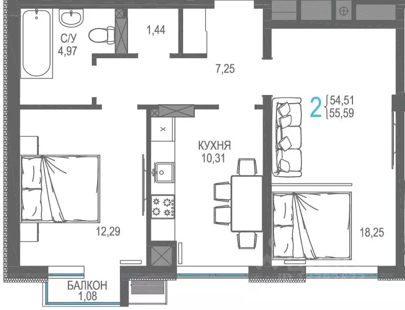 2-к кв. Крым, Симферопольский район, Гвардейское пгт, Республика жилой ... - Фото 1