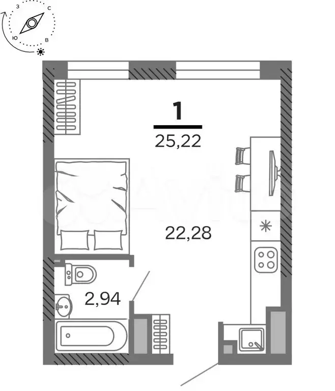 1-к. квартира, 25,2 м, 21/25 эт. - Фото 1